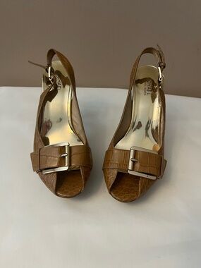 Michael Kors Tan Croc-Embossed Peep-Toe Slingback Heels with Buckle
